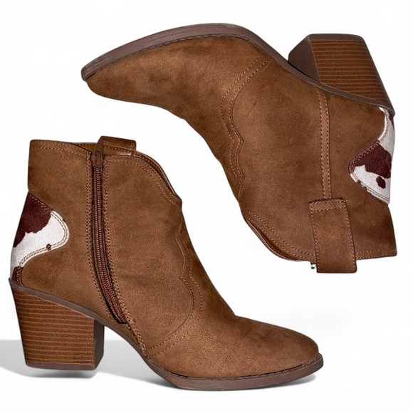 Sugar Boots Ankle Boots Faux Suede Cowhide Print Western Boots BRN/WHT SZ 8-1/2 - Picture 1 of 9